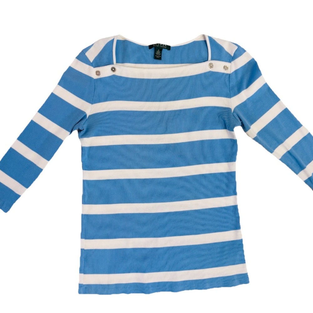 Lauren Ralph Lauren 3/4 Sleeve Striped Lightweight Sweater Blue/ White Medium